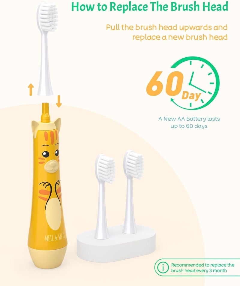 NELLWELL Kids Electric Toothbrush, 2-Min Timer, 3 Modes with Memory, IPX 7 Waterproof, Battery Powered Kids Toothbrush with 3 Soft Bristles Heads for Children Boys and Girls Ages 3+ - Image 4